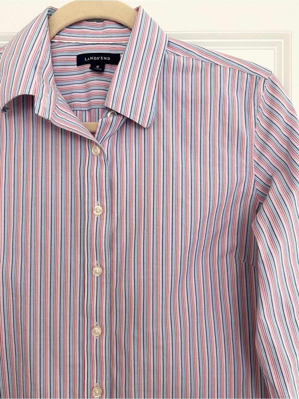 Lands End Pink & Blue Rainbow Stripe Easy Iron Button Down Oxford Dress Shirt